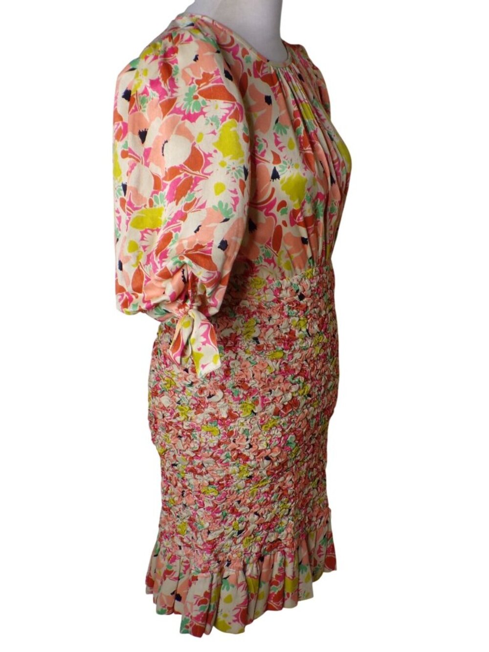 🆕 By TiMo Shirred Smocked Ruffle Crepe Satin Mini Dress Floral Medium - Picture 14 of 16